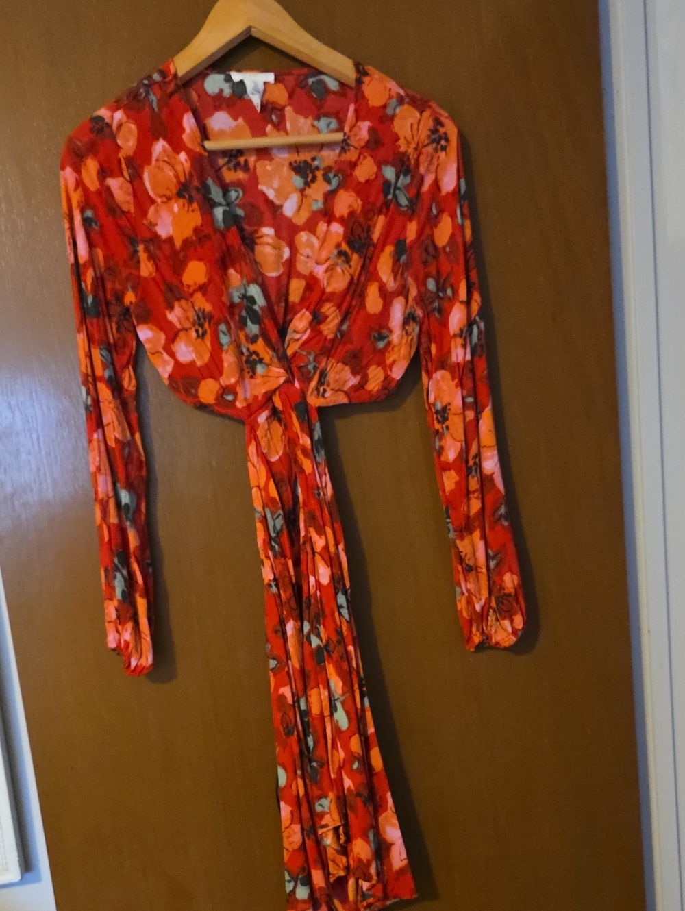 H&M Red Floral Long-Sleeve Wrap Dress